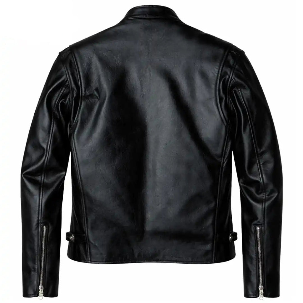 Black leather biker jacket shown from the back, featuring a smooth texture, zippered side details, and a collar, photographed against a solid white background.