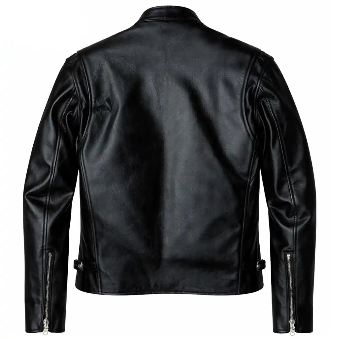 Black leather biker jacket shown from the back, featuring a smooth texture, zippered side details, and a collar, photographed against a solid white background.
