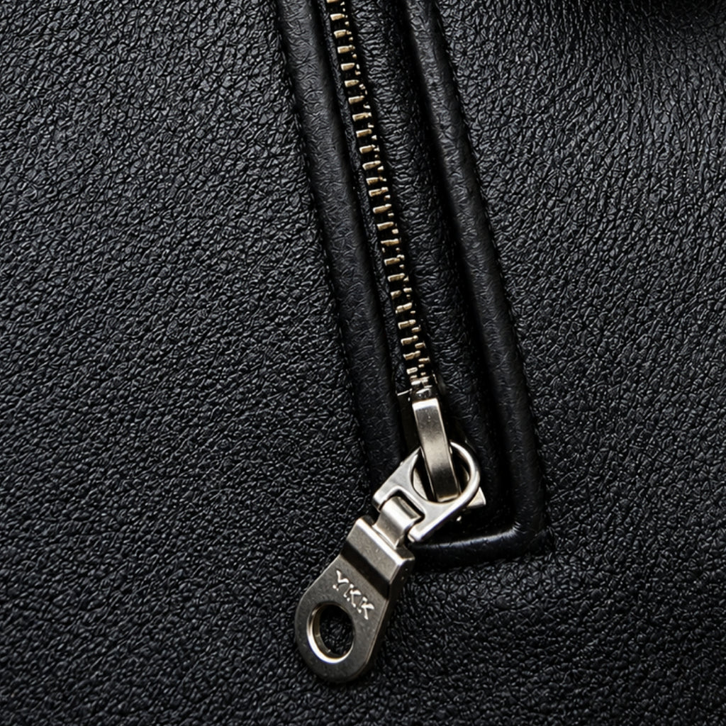 Close-up of a black textured leather zipper with a silver metal pull tab on a black leather surface.