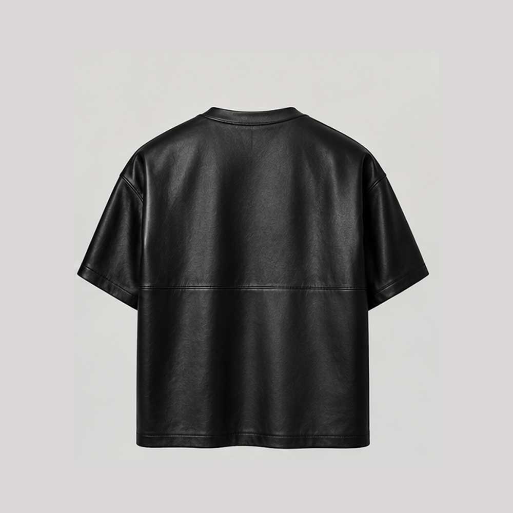 A black short-sleeve crewneck T-shirt with a leather texture, shown from the back against a light gray background.