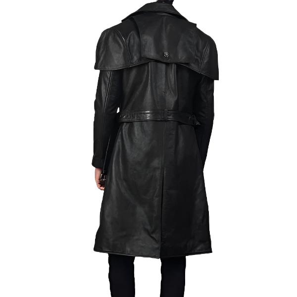 A black leather trench coat with a wide collar and matching belt, shown from the back on a model against a white background.