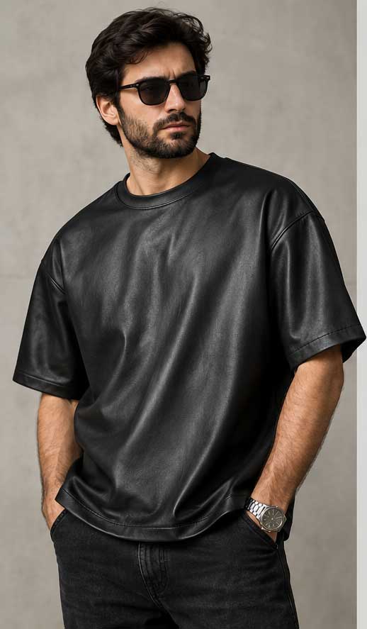 A man wearing a black leather short-sleeve t-shirt and black jeans, standing against a textured gray wall.