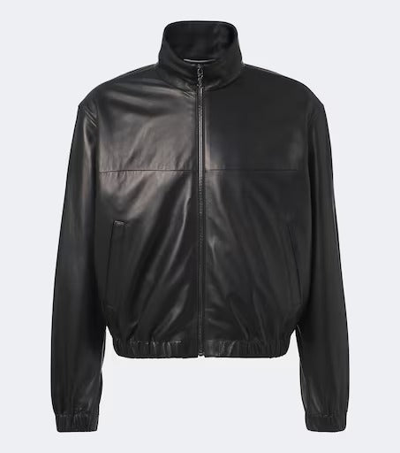 A black leather jacket with a stand-up collar, front zipper, and side pockets, shown on a light gray background.