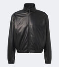 A black leather jacket with a stand-up collar, front zipper, and side pockets, shown on a light gray background.