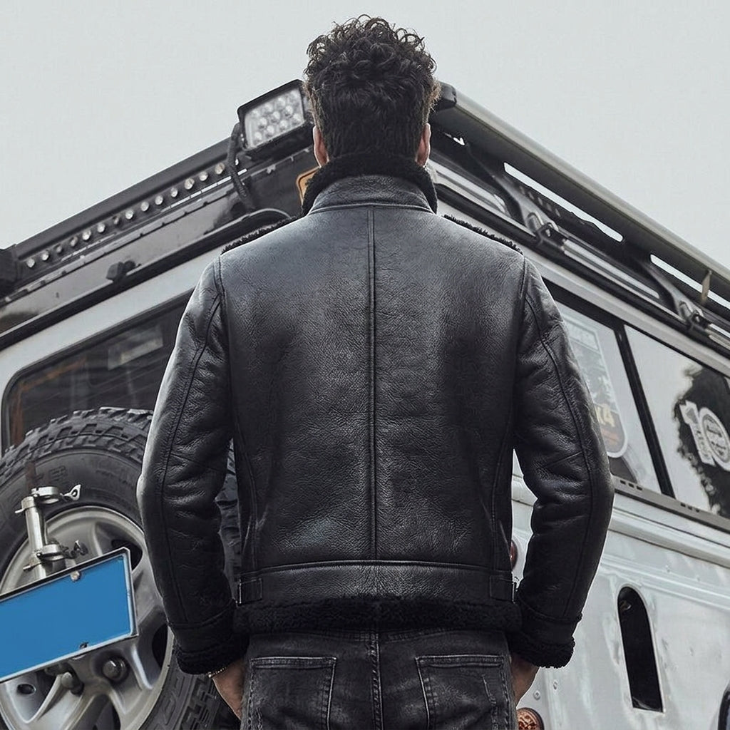 A man viewed from behind wearing a black leather jacket with a shearling-lined collar, standing in front of a white off-road vehicle.