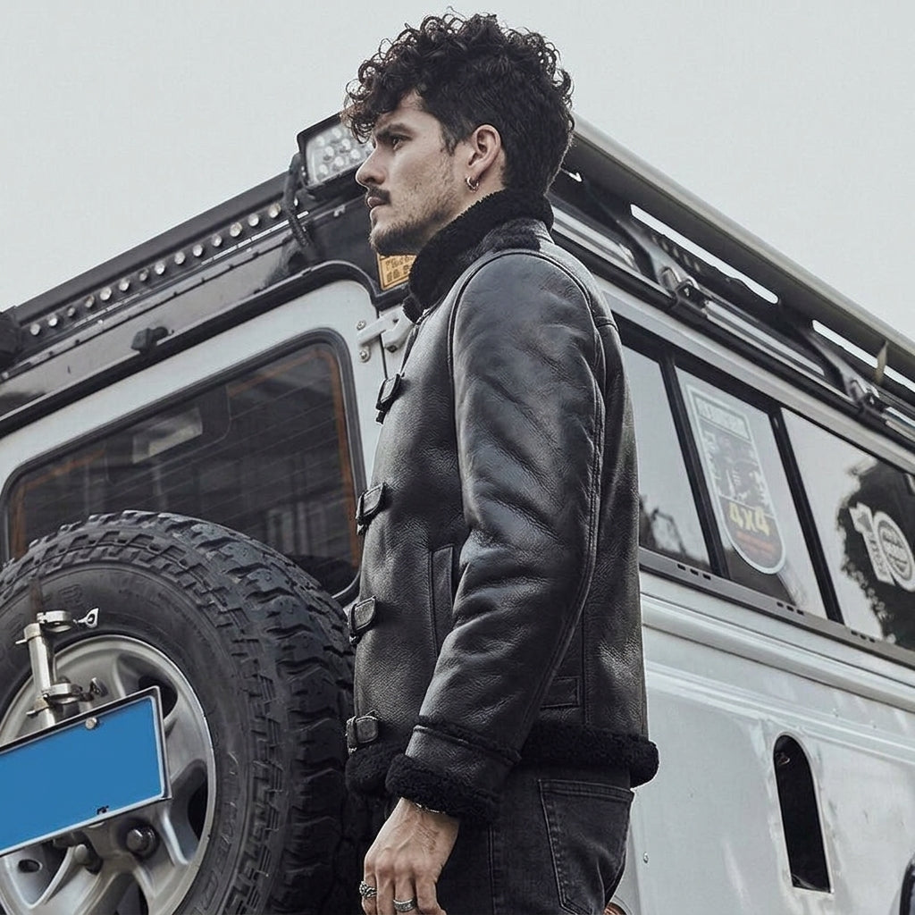 A man wearing a black leather jacket with a dark shearling collar stands in front of a white off-road vehicle with a spare tire, photographed outdoors under an overcast sky.