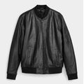 Black leather bomber jacket on a light gray background