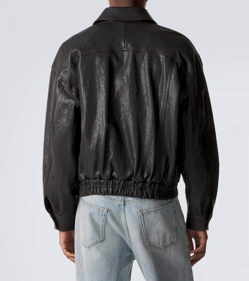 back view of leather bomber jacket