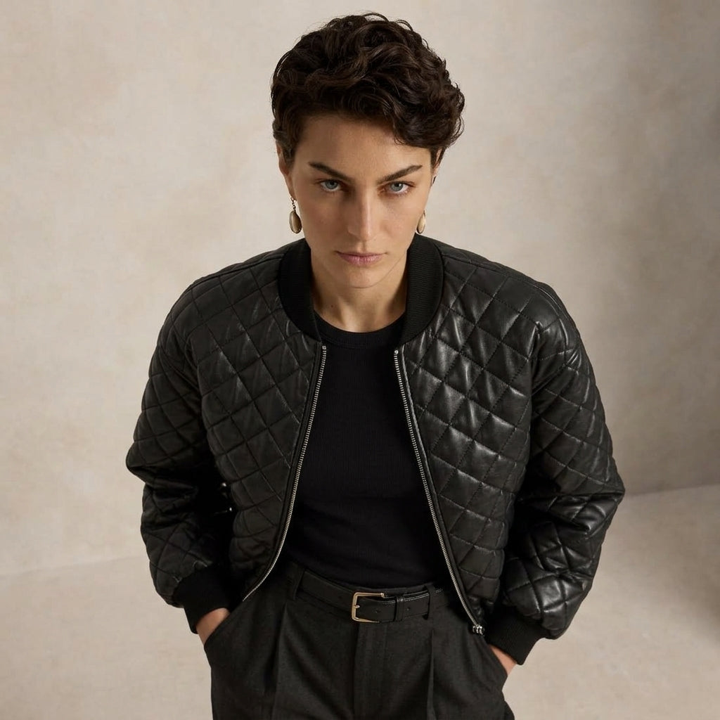 A model wearing a black quilted bomber jacket over a black t-shirt and dark trousers, standing against a neutral beige textured background.