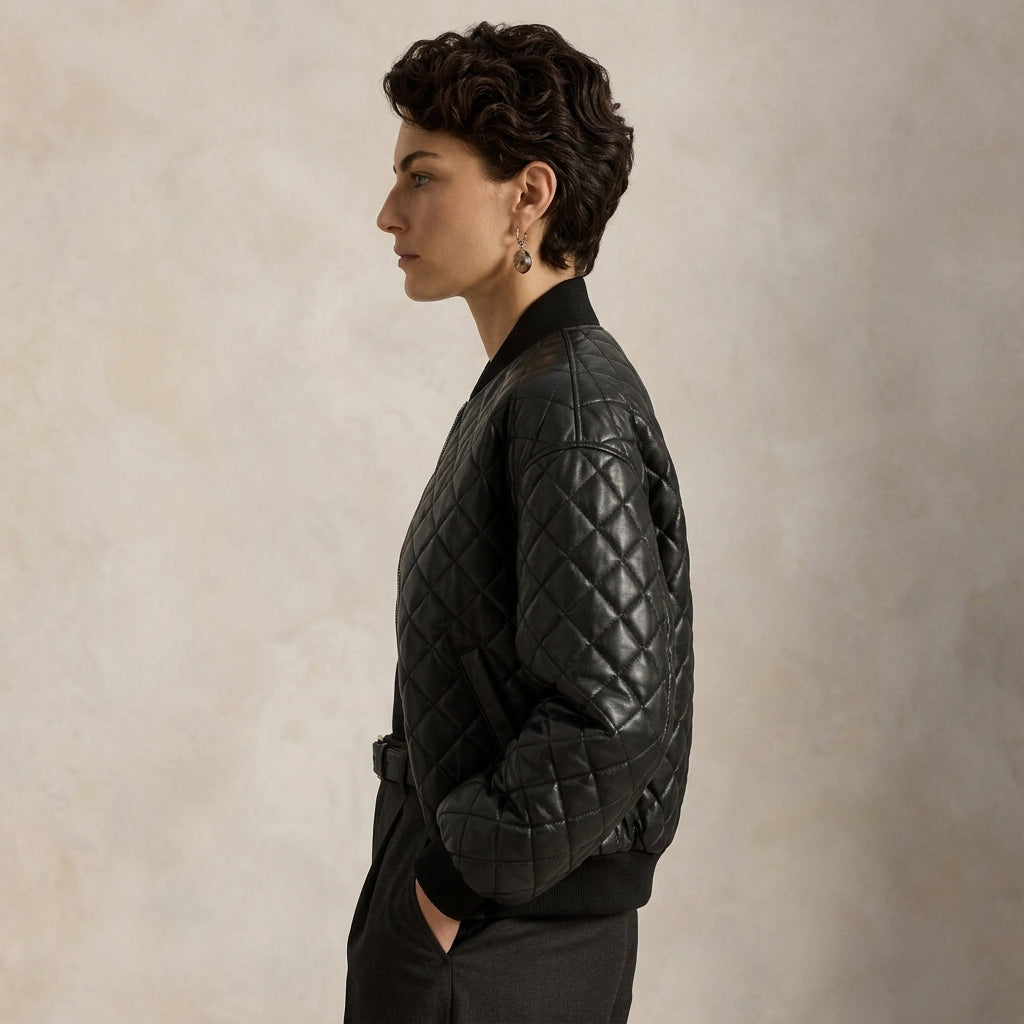 A woman in profile wearing a black quilted bomber jacket with a black ribbed collar, cuffs, and hem, standing against a textured beige studio backdrop.