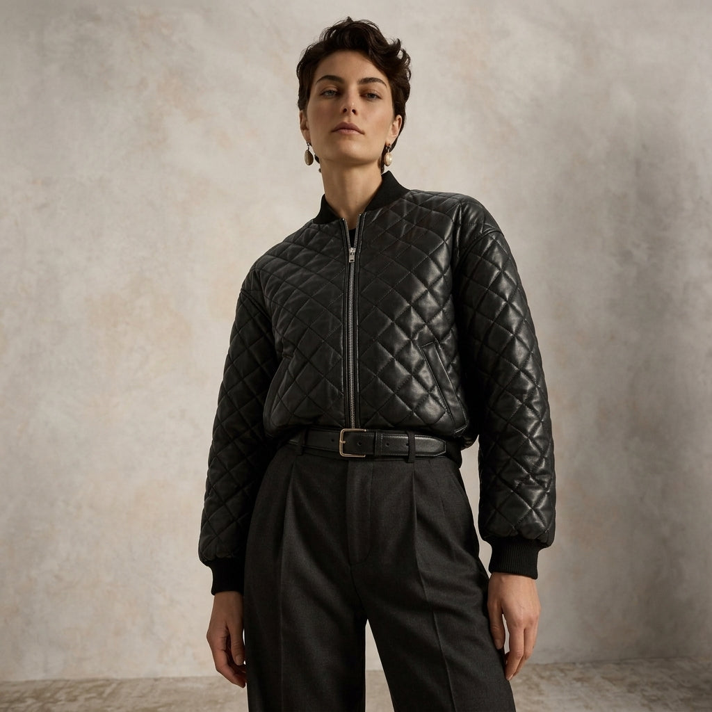 A model wearing a black quilted bomber jacket with a front zipper, paired with black trousers and a black belt, standing against a textured beige studio backdrop.