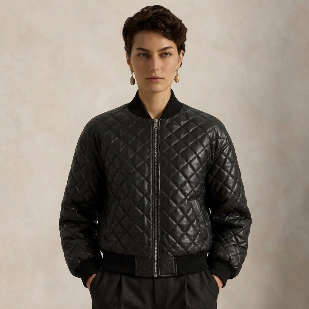 A model wearing a black quilted bomber jacket with a diamond-stitched pattern, black ribbed collar, cuffs, and hem, paired with black trousers against a textured beige background.