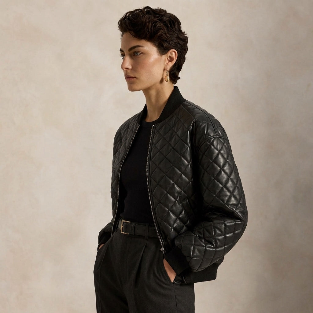 A woman wearing a black quilted bomber jacket over a black top and dark trousers, standing against a textured beige studio background.