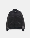 Black leather jacket on a light gray background