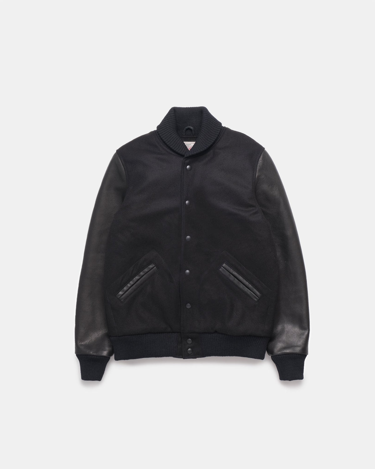 Black leather jacket on a light gray background