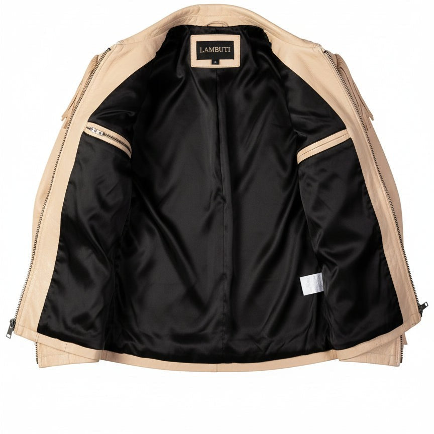 Black jacket with beige trim and Lambutti logo on a white background