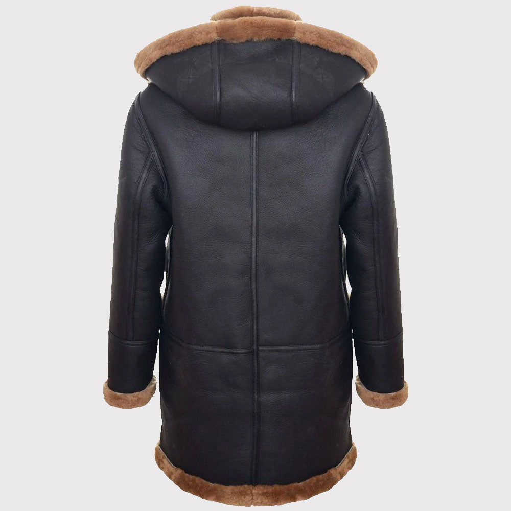 Black leather coat with brown fur trim on a white background