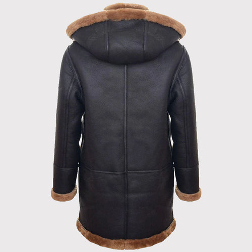 Black leather coat with brown fur trim on a white background
