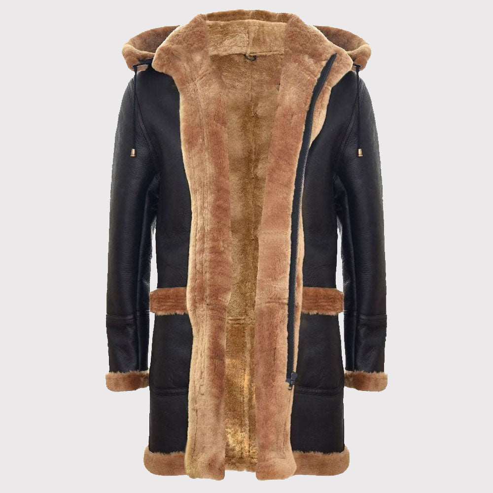 Long coat with brown fur lining and black leather sleeves on a white background