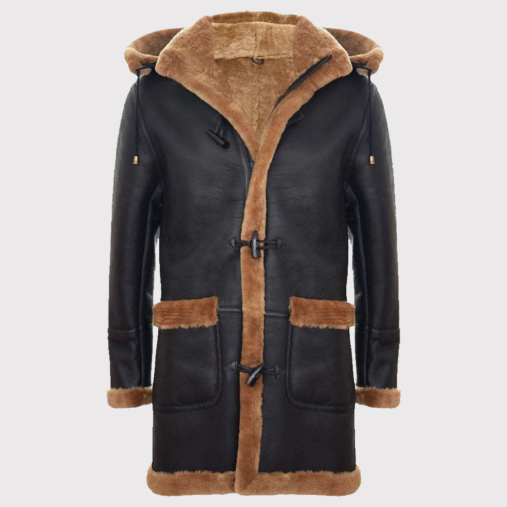 Black leather coat with brown fur lining on a white background