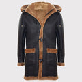 Black leather coat with brown fur lining on a white background