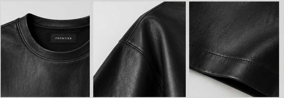 Three-panel close-up of a black leather leather shirt, showing the neck label with the brand FRONTIER, a shoulder seam detail, and a fabric close-up on a light gray background.