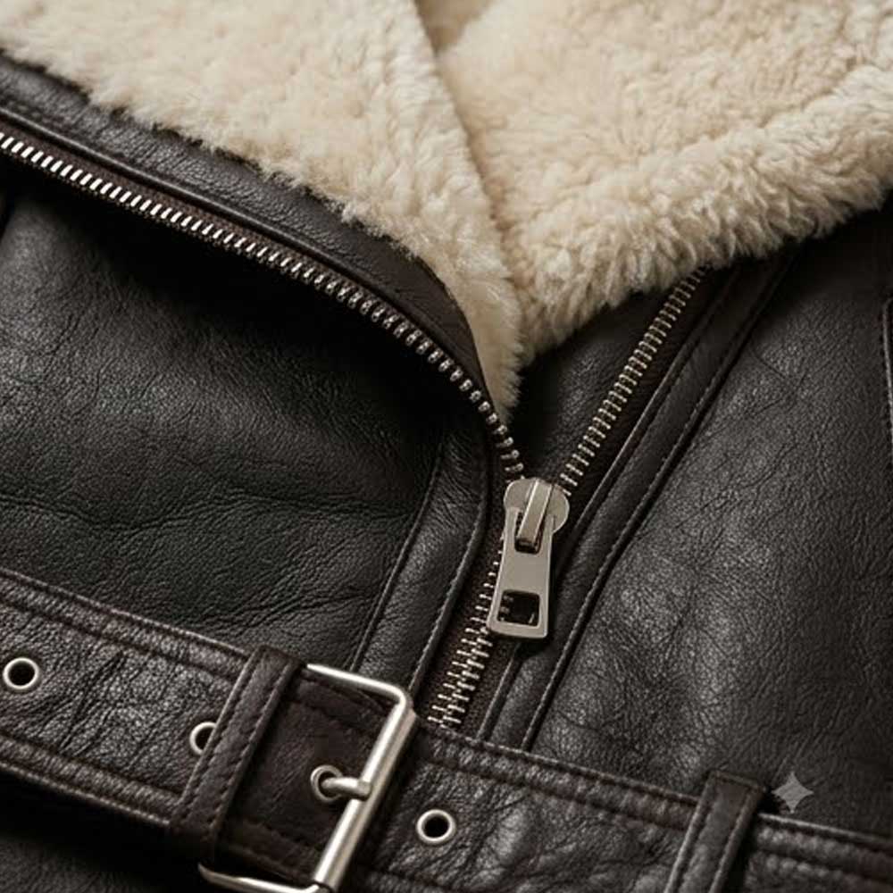 Close-up of a black leather jacket with a cream sherpa lining and a silver zipper pull.