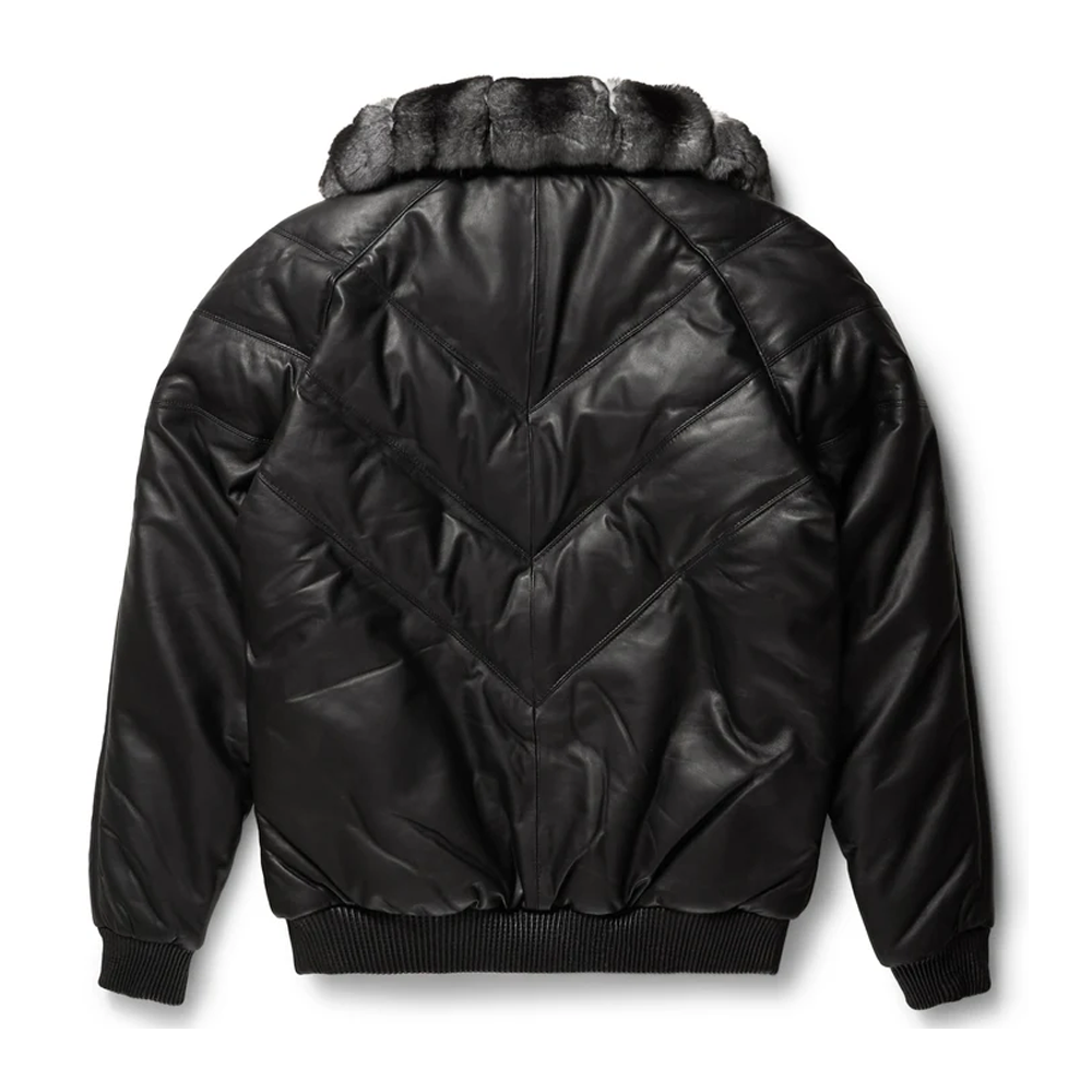 Black Leather V-Bomber Jacket - Goose Country Down Jacket