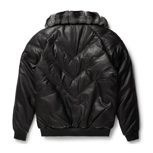 Black Leather V-Bomber Jacket - Goose Country Down Jacket
