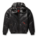 Black Leather V-Bomber Jacket - Goose Country Down Jacket