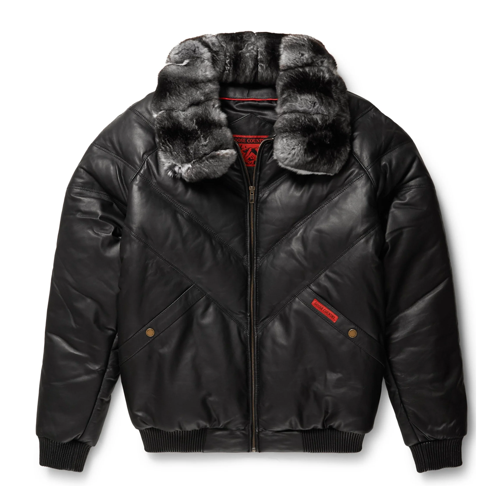 Black Leather V-Bomber Jacket - Goose Country Down Jacket