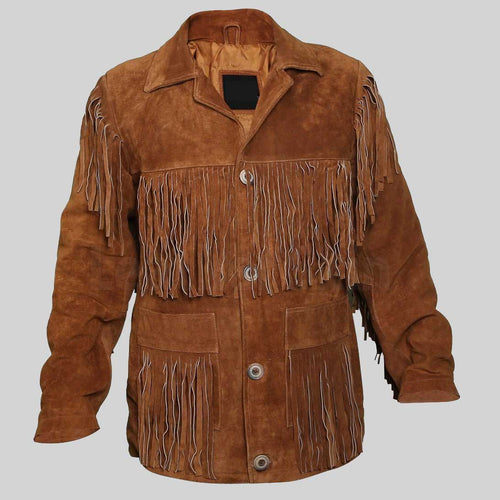A brown suede fringe jacket with silver-tone snap buttons and long hanging fringe detailing across the chest and sleeves, shown against a solid gray background.