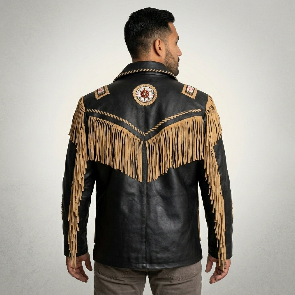 Man wearing a black leather jacket with fringes and decorative elements on a gray background