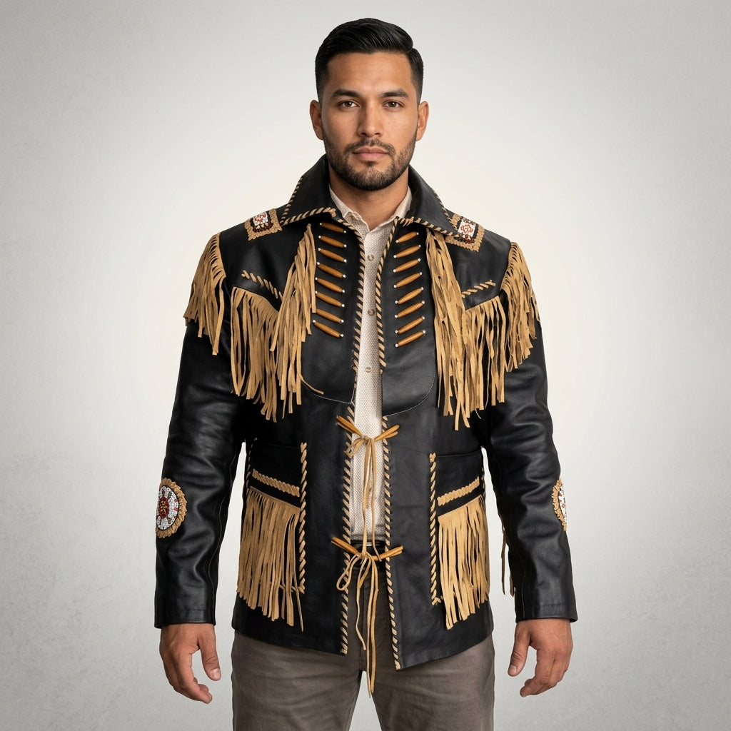 Man wearing a black leather jacket with gold fringes on a gray background