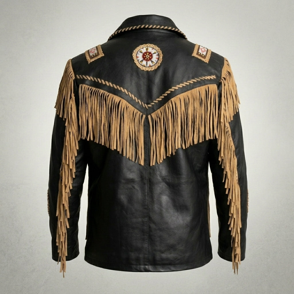 Black leather fringe jacket with tan suede fringe, decorative braided trim, and a circular medallion patch on the back, shown against a light gray background.