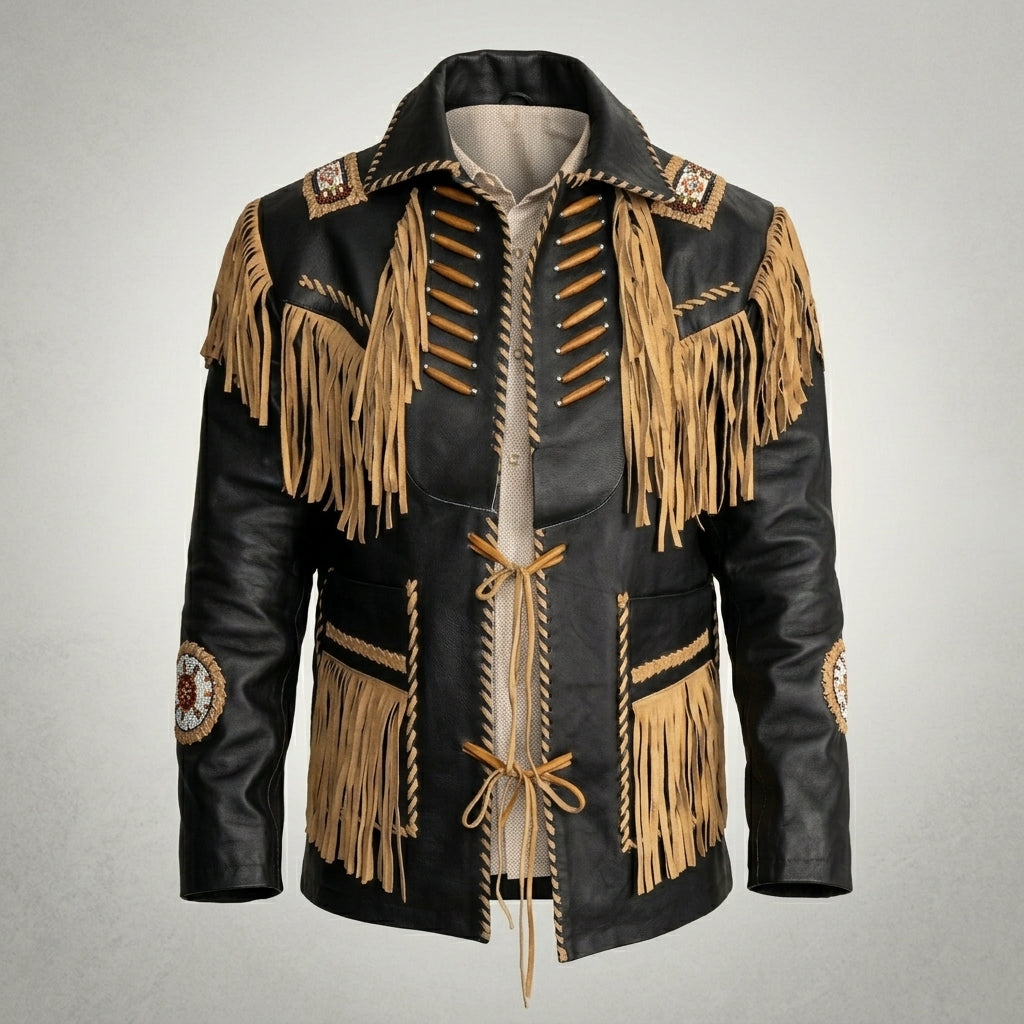 A black leather jacket with extensive tan fringe, decorative braided trim, and circular embroidered patches on the sleeves, displayed on a neutral gray background.