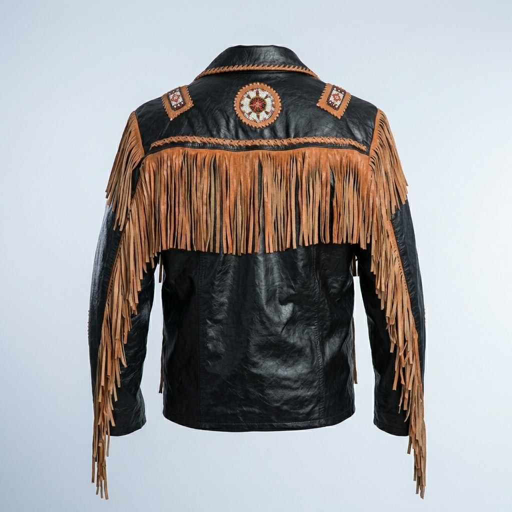 Black leather jacket with brown fringes and decorative patterns on a light gray background