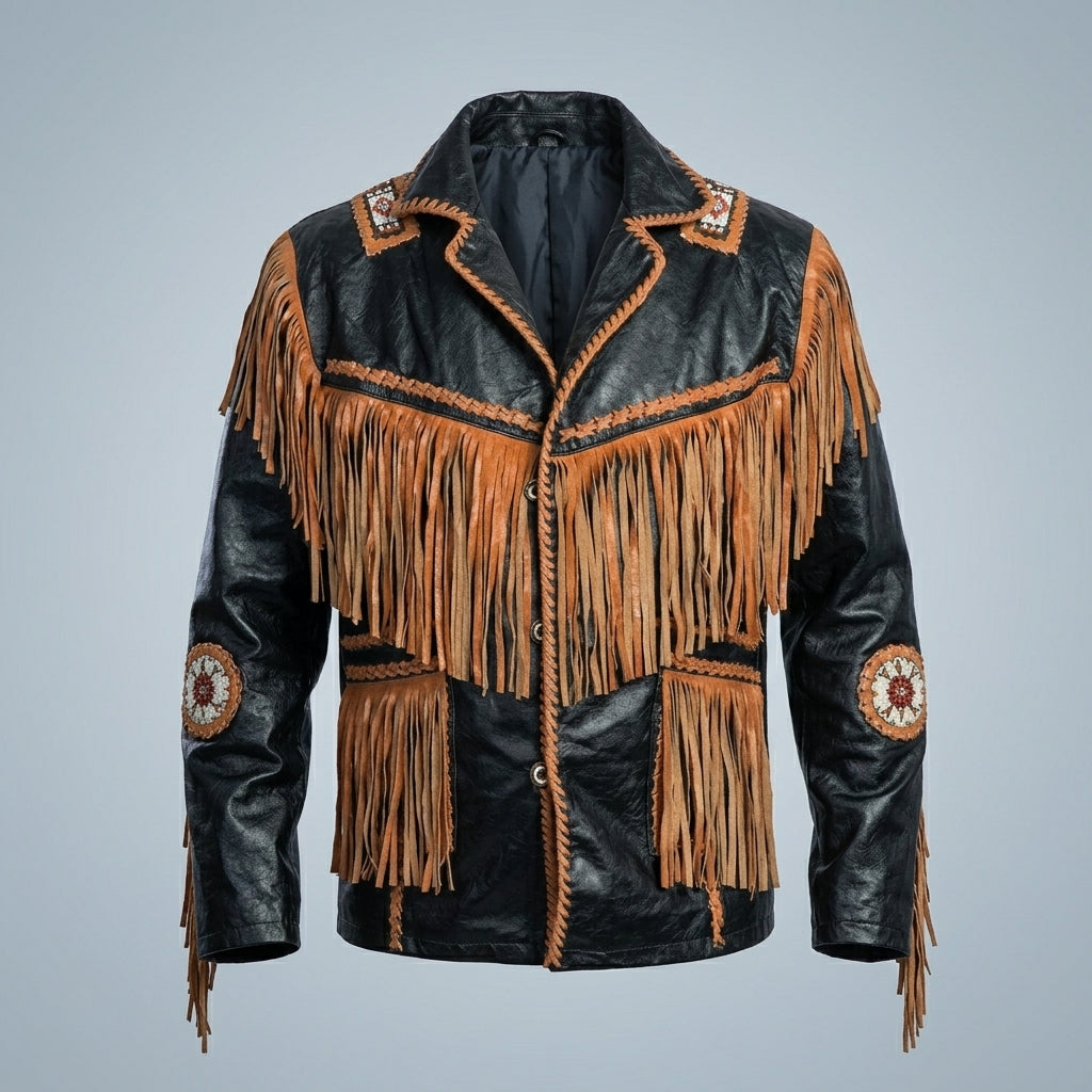 Black leather fringe jacket with tan suede fringe, braided trim, and circular embroidered patches on the sleeves, shown against a light gray background.
