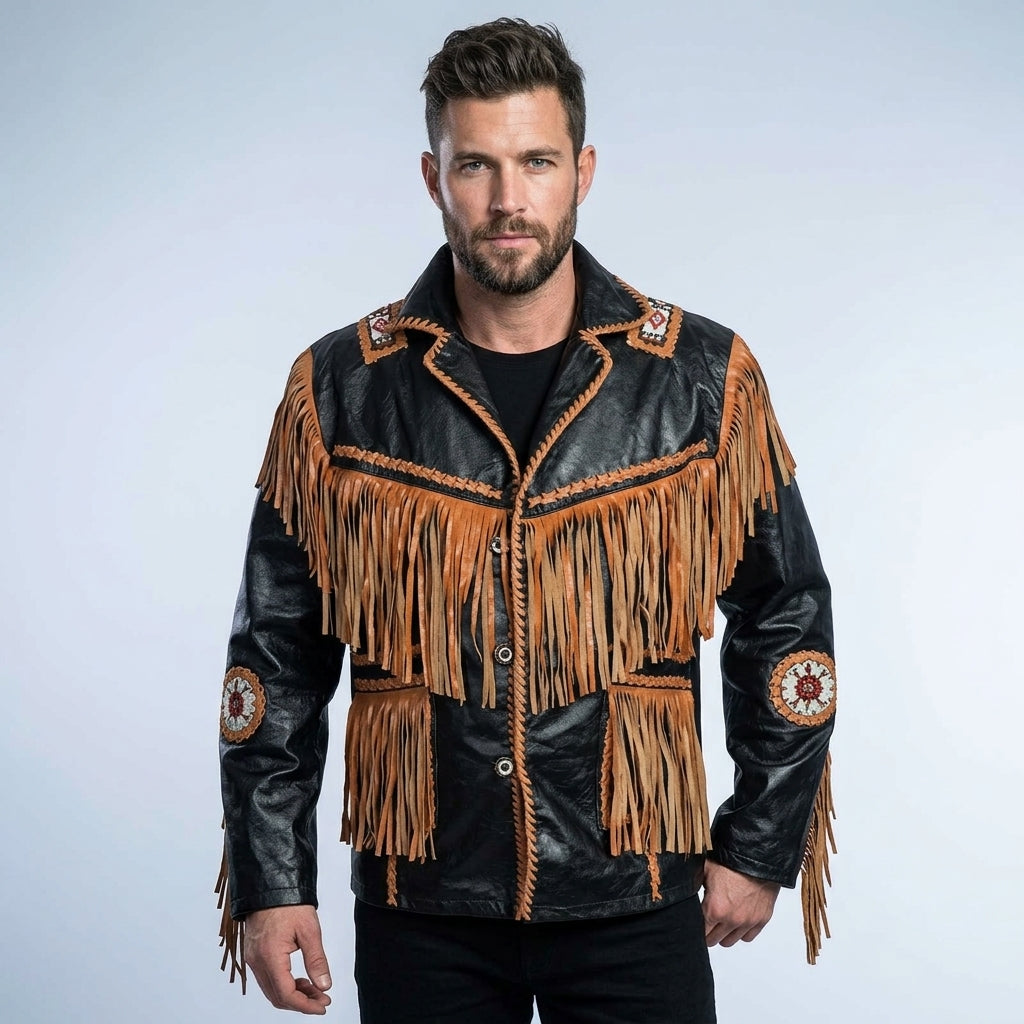 A man wearing a black leather jacket with extensive tan fringe, braided trim, and circular embroidered patches on the shoulders and sleeves, set against a light gray studio background.
