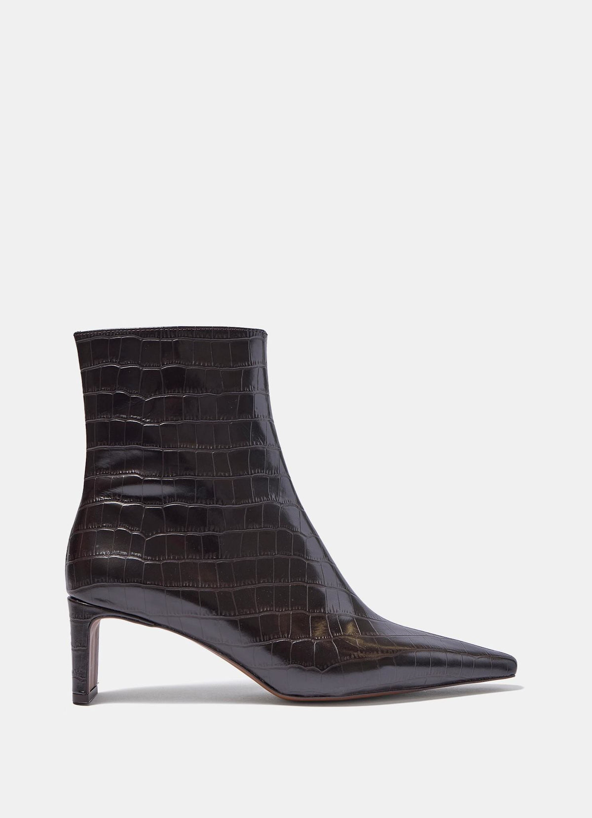 Black crocodile-patterned ankle boot on a white background