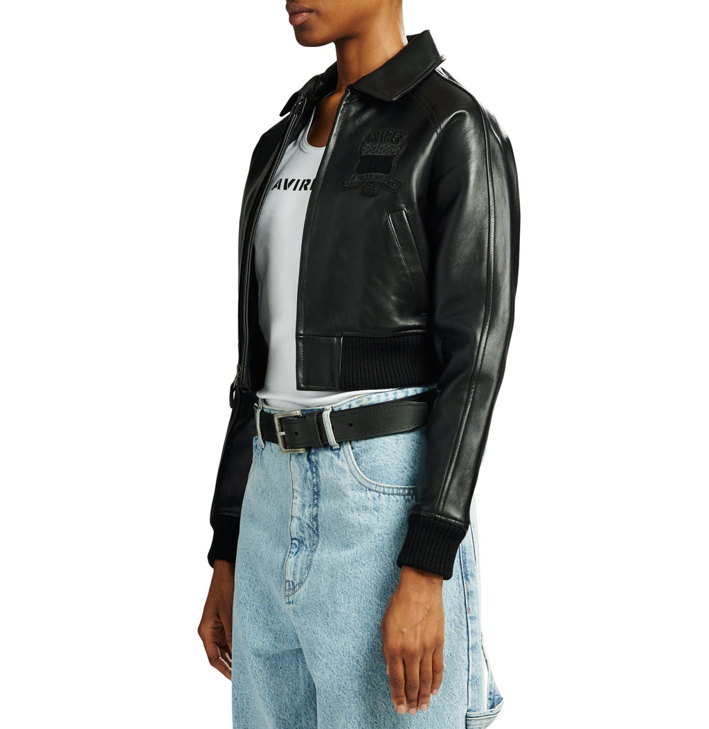 Black knitted rib cuff on women’s lambskin jacket