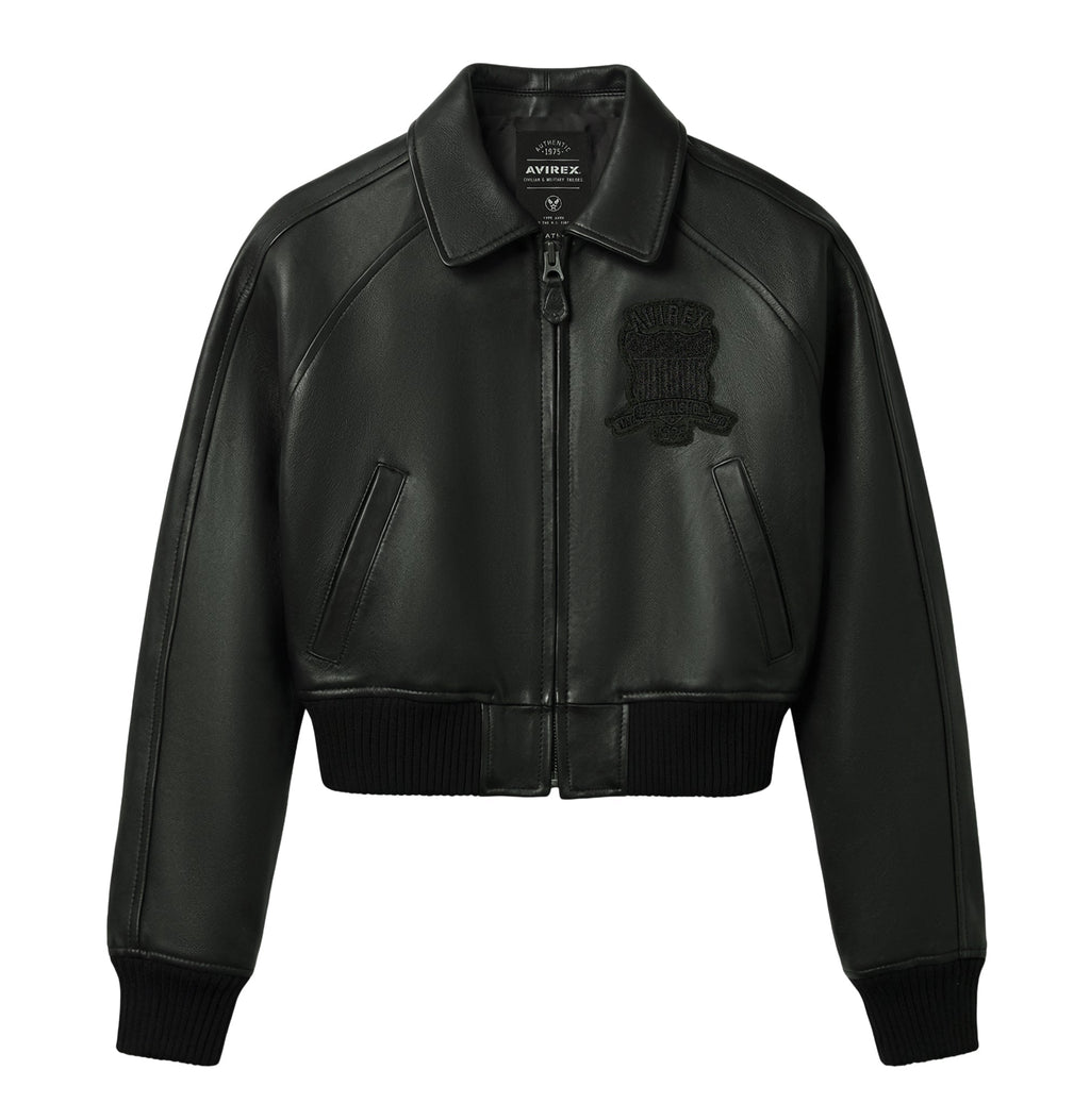 Women’s black cropped Avirex Iconic lambskin leather jacket front