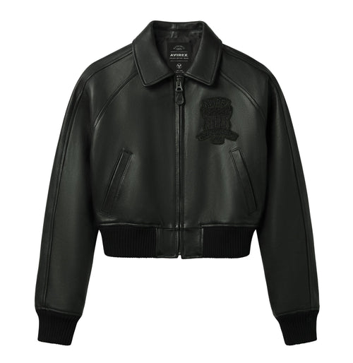 Women’s black cropped Avirex Iconic lambskin leather jacket front