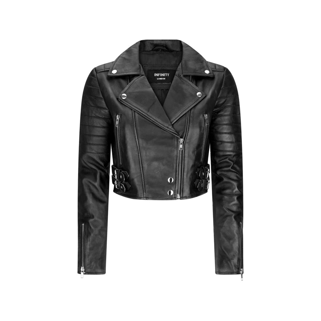 A black leather moto jacket with silver hardware, featuring a pointed collar, asymmetrical zipper, and decorative side details, shown against a plain white background.