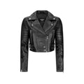 A black leather moto jacket with silver hardware, featuring a pointed collar, asymmetrical zipper, and decorative side details, shown against a plain white background.