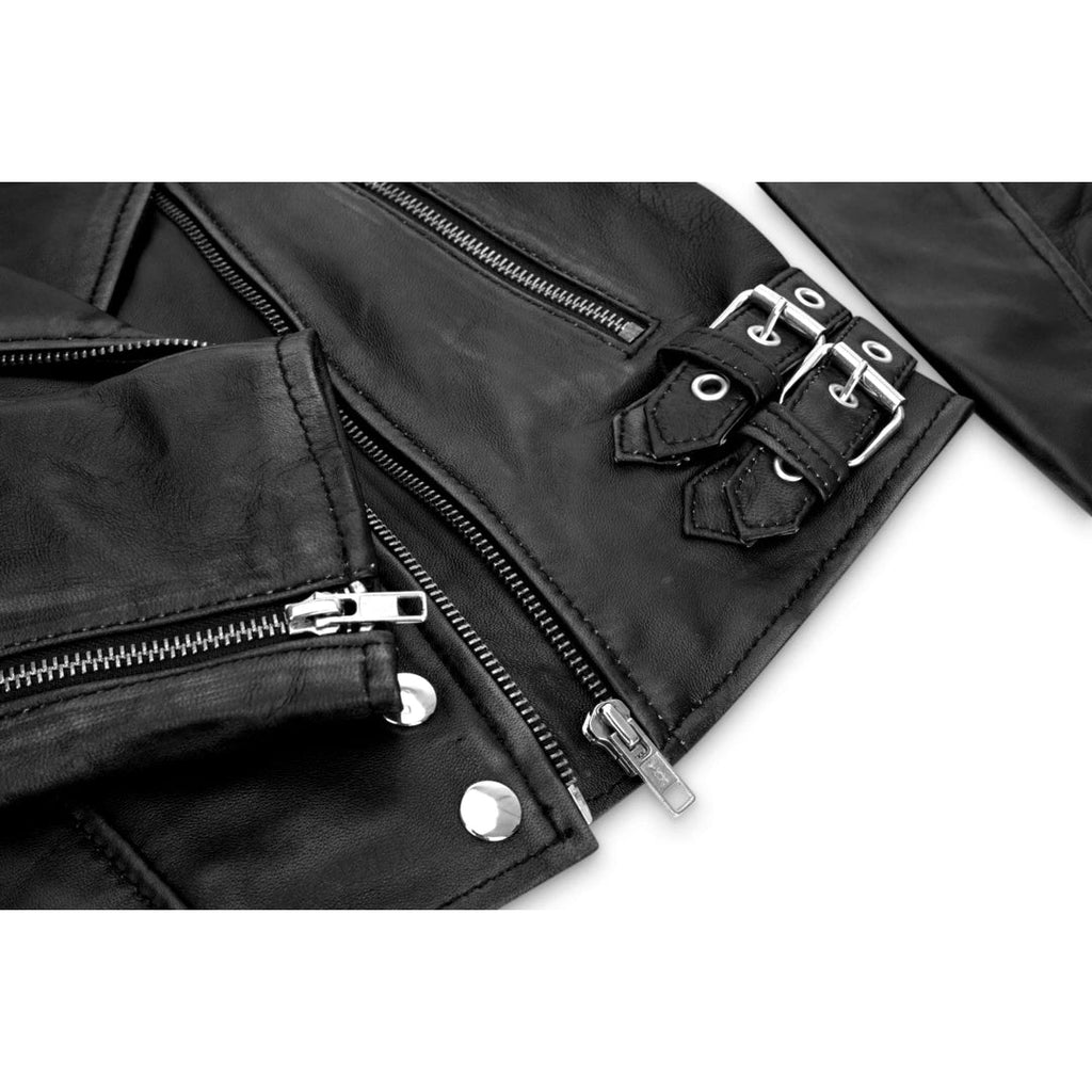 Close-up of a black leather jacket detail showing the side zippers, metal snap buttons, and buckle straps on a white background.