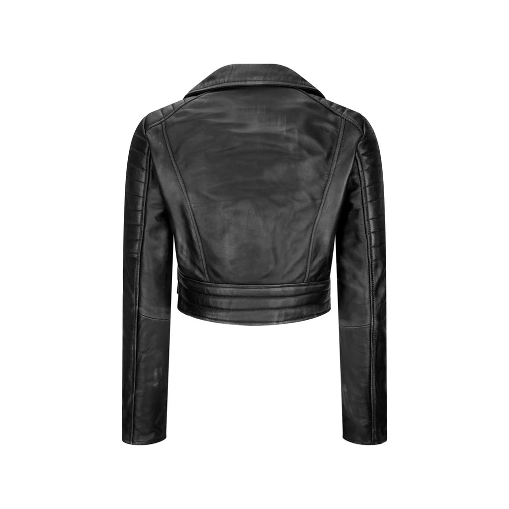 Black leather cropped moto jacket shown from the back, featuring a pointed collar, long sleeves with quilted shoulder and bicep details, and a wrap-style hem.