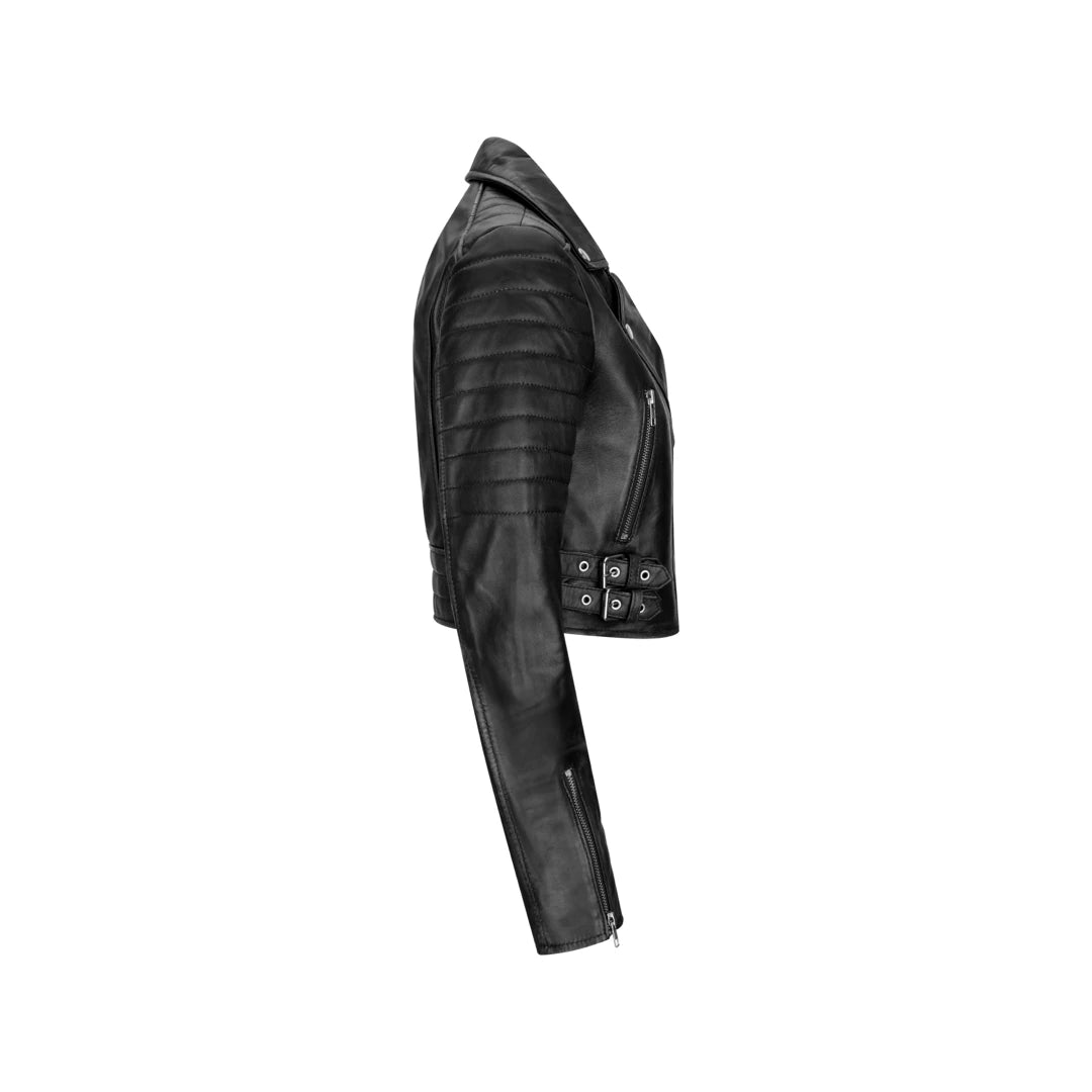 A black leather motorcycle jacket shown from a side profile view against a solid white background.