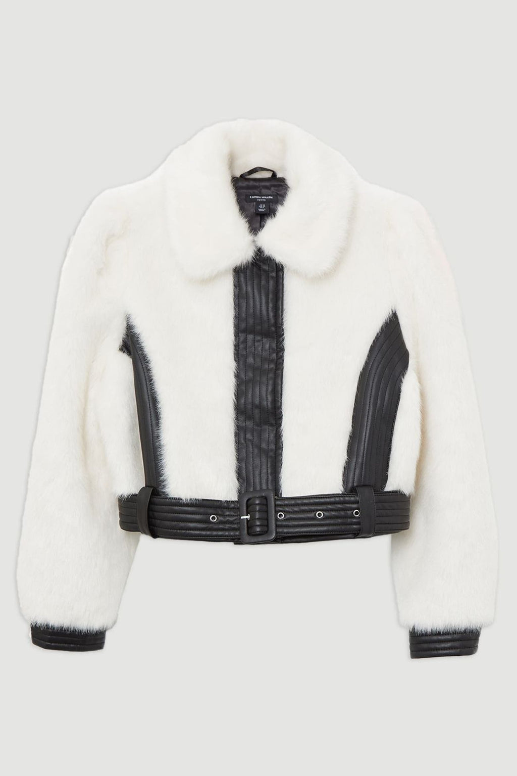 A cropped white fur jacket with black leather trim, a vertical front placket, a matching belt, and black ribbed side panels, shown on a light gray background.