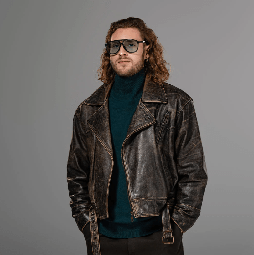 Man wearing a brown leather jacket and sunglasses against a gray background